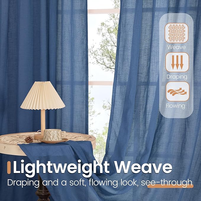 BGment Navy Blue Linen Curtains 54 Inch Length for Short Living Room, Semi Sheer Window Drapes Light Filtering for Bedroom Dining Decor Lightweight with Rod Pocket, 2 Panels Set, Each 42 Inch Wide