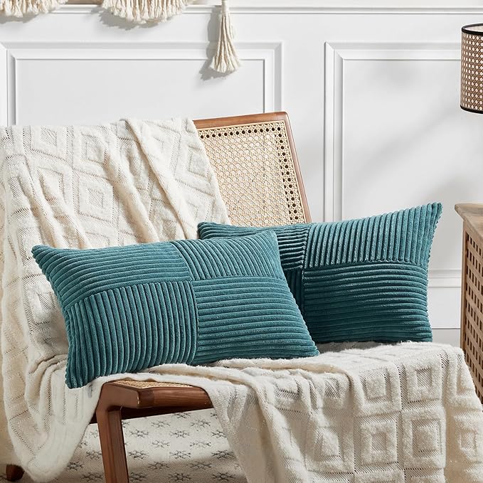 Fancy Homi 2 Packs Teal Lumbar Decorative Throw Pillow Covers 14x24 Inch for Living Room Couch Bed Sofa, Rustic Farmhouse Boho Home Decor, Soft Striped Corduroy Rectangle Accent Cushion Case 35x60 cm