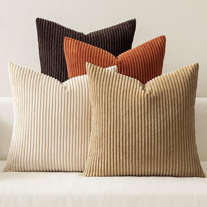 MIULEE Boho Farmhouse Throw Pillow Covers 18x18 Inch Set of 4 Rustic Mordern Neutral Cushion Covers Soft Corduroy Nordic Home Decor for Couch Bed Sofa Living Room Chocolate Brown/Rust