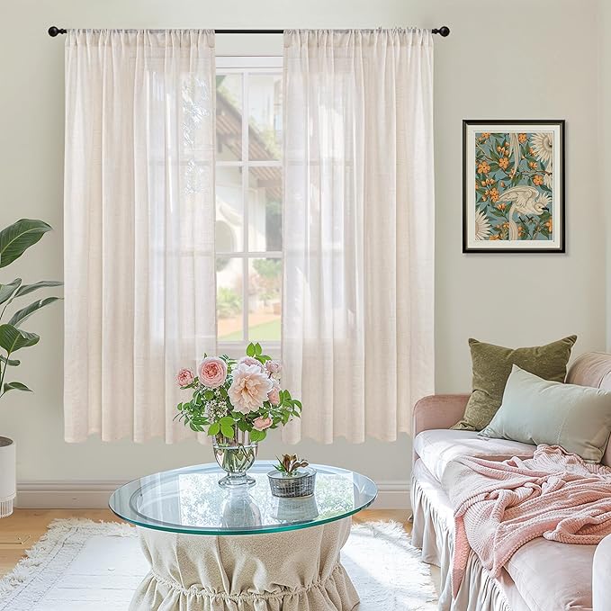 BGment Oatmeal Linen Curtains 63 Inches Long for Bedroom Windows, Sheer Drapes Lightweight Rustic Country Textured for Farmhouse Living Room Decor Rod Pocket, 2 Panels Set, Each 42 Inch Wide