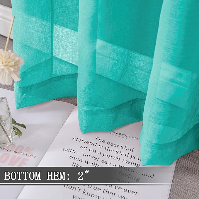 Tollpiz Short Sheer Curtains Linen Textured Living Room Curtain Sheers Light Filtering Rod Pocket Voile Curtains for Bedroom, 42 x 45 inches Long, Aqua Blue, Set of 2 Panels
