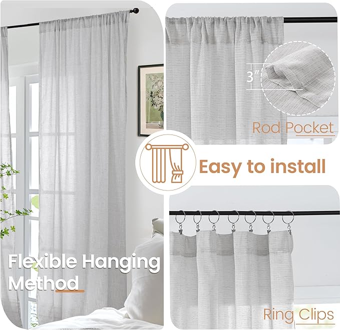 BGment Light Grey Linen Curtains 63 Inches Long for Bedroom Windows, Sheer Drapes Lightweight Rustic Country Textured for Farmhouse Living Room Decor Rod Pocket, 2 Panels Set, Each 42 Inch Wide