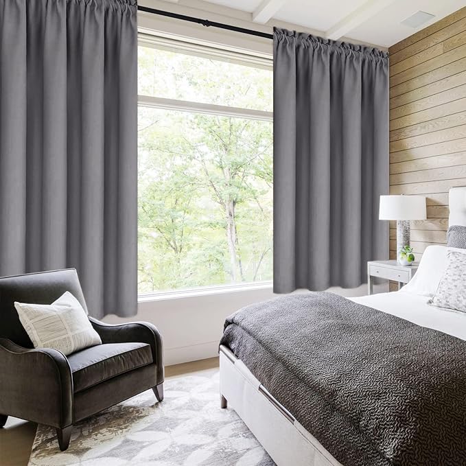 DWCN Blackout Curtains Room Darkening Thermal Insulated Bedroom Curtains Window Treatments, 42 x 45 inches Long, Set of 2 Grey Rod Pocket Drapes