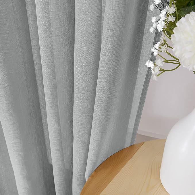Tollpiz Short Sheer Curtains Living Room Linen Textured Curtain Sheers Light Filtering Voile Rod Pocket Curtains for Bedroom, 38 x 45 inches Long, Silver Grey, Set of 2 Panels