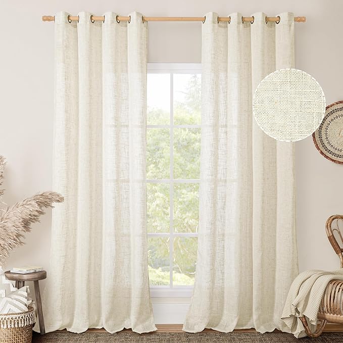 LAMIT Sheer Linen Curtains for Living Room 95 inch Long 2 Panels, Light Filtering Natural Curtains Bronze Grommet Linen Textured Neutral Boho Drapes for Bedroom Farmhouse, 52 x 95 Inch