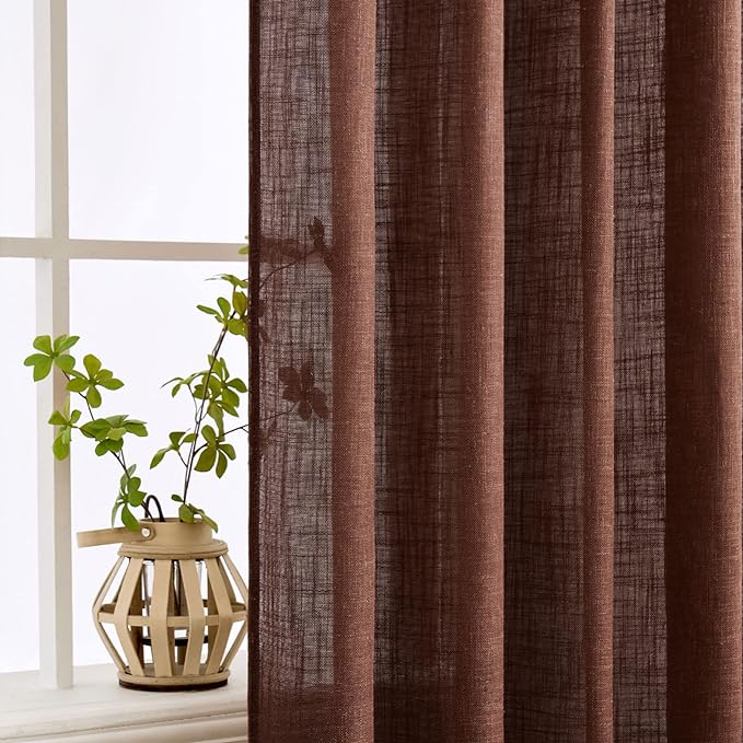 MIULEE Chocolate Brown Linen Curtains 108 Inches Long for Bedroom Living Room, Soft Thick Linen Textured Window Drapes Semi Sheer Light Filtering Rod Pocket Back Tab Burlap Look, 2 Panels