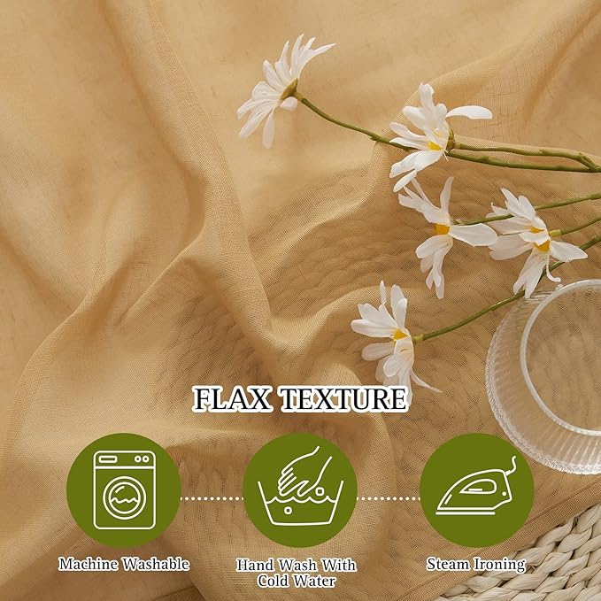 NICETOWN Desert Yellow Curtains for Living Room, Grommet Flax Linen Sheer Curtains Semitransparent with Light Filtering Luxury & Casual for Bedroom/Living Room, W52 x L108, 2 Pieces