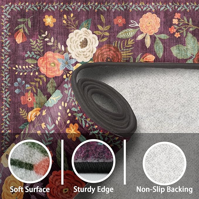 Rug for Hallways Kitchen Rug 2x8, Non Slip Washable Rugs with Rubber Backing Soft Floral Carpet Runner for Hallways, Kitchen, Laundry, Bedroom, Bathroom (2 x 8, Purple Lawn)