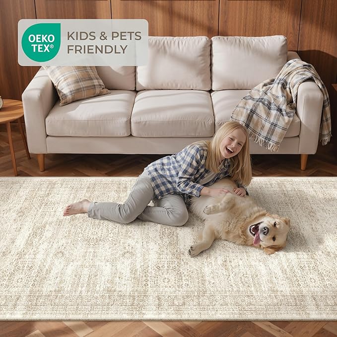 3x14 Washable Runner Rug for Hallway, Non-Slip Long Hallway Runner for Entryway, Soft Vintage Kitchen Mats for Floor, Abstract Dining Room, Bedroom, Living Room Rugs(3'x14', Beige/Ivory)