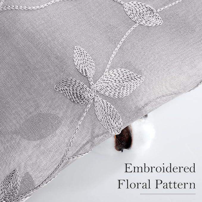 HOMEIDEAS Light Grey Sheer Curtains 52 X 96 Inches Length 2 Panels Embroidered Vine Floral Pattern Pocket Faux Linen Semi Sheer Voile Window Drapes for Bedroom Living Room