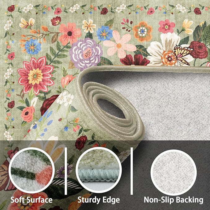 Floral Machine Washable Rug Green, 3x5 Rug Non Slip Soft Bedroom Rugs for Entryway Dorm, Ultra-Thin Rugs for Bedroom Stain Resistan(3 x 5, Green Garden)