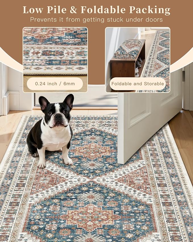 Madane Hallway Runner Rug 2'6''x14' Kitchen Runner, Non Slip Vintage Runners for Hallways Washable Kitchen Rugs Soft Low Pile 2.5x14 ft Rug Runner for Laundry Room, Entryway and Bedroom, Navy Blue