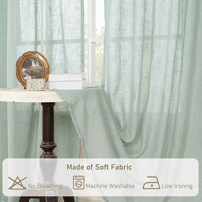 LAMIT Sheer Linen Curtains 63 inches Long for Bedroom, Bronze Grommet Linen Drapes Light Filtering Semi Sheer Curtains for Small Window/Farmhouse, 2 Panels (52 x 63 Inch, Light Sage)