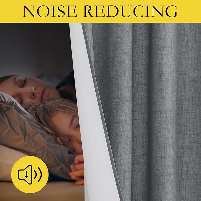NICETOWN 100% Absolutely Blackout Linen Curtains with Thermal Insulated White Liner, Dove Grey, W52, 2 Pieces, Noise Reducing Textured Linen Look Curtains for Windows 90 inch Length for Classroom