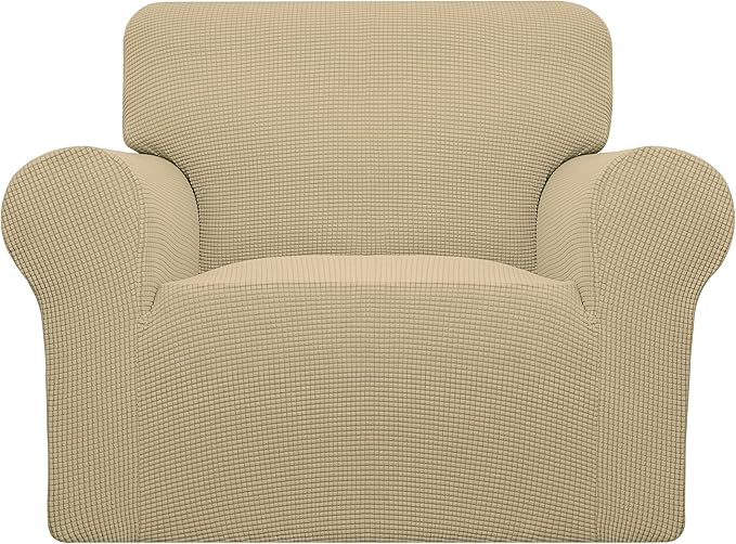 Easy-Going Stretch Oversized Chair Sofa Slipcover 1-Piece Couch Sofa Cover Furniture Protector Soft with Elastic Bottom for Kids Spandex Jacquard Fabric Small Checks Beige