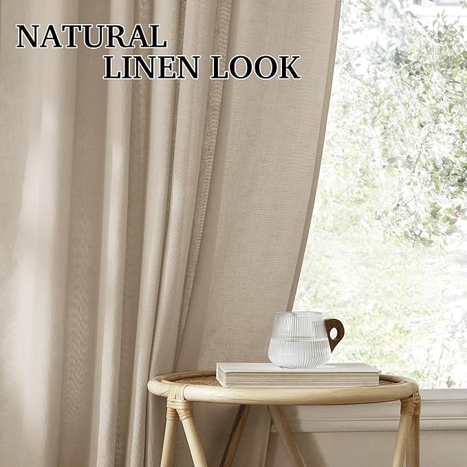RYB HOME Guaze Burlap Curtains 95 inches Long, Large Window Treatment Back Tab Thick Linen Texture Fabric Privacy Added Drapery for Sliding Glass Door, Taupe, W 52 x L 95 inches, 2 Panels Set