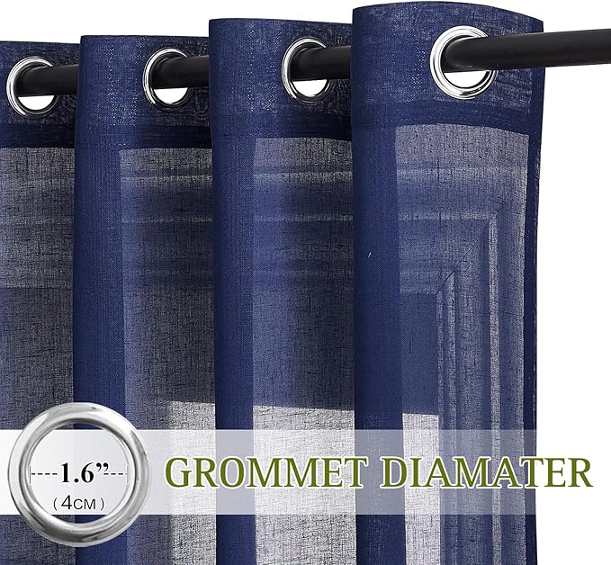 NICETOWN Linen Textured Sheer Curtains 84 inch Long for Living Room, Privacy Chic Sheer Curtains Window Treatment Translucent Drapes for Farmhouse/Cottage, W70 x L84, Dark Blue, 1 Pair