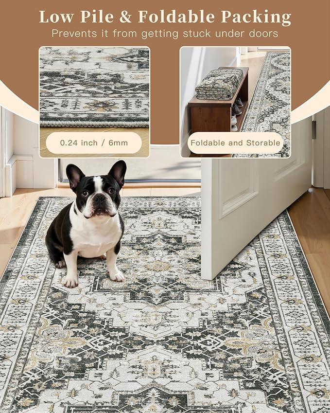 Madane 4x10 Wide Hallway Runner Rug: Washable Soft Rug Runners for Living Room Bedroom, Stain Resistant Low Pile Area Rugs Thin Non Slip Floor Carpet for Ktichen Bathroom Dining Room (Black,4x10)