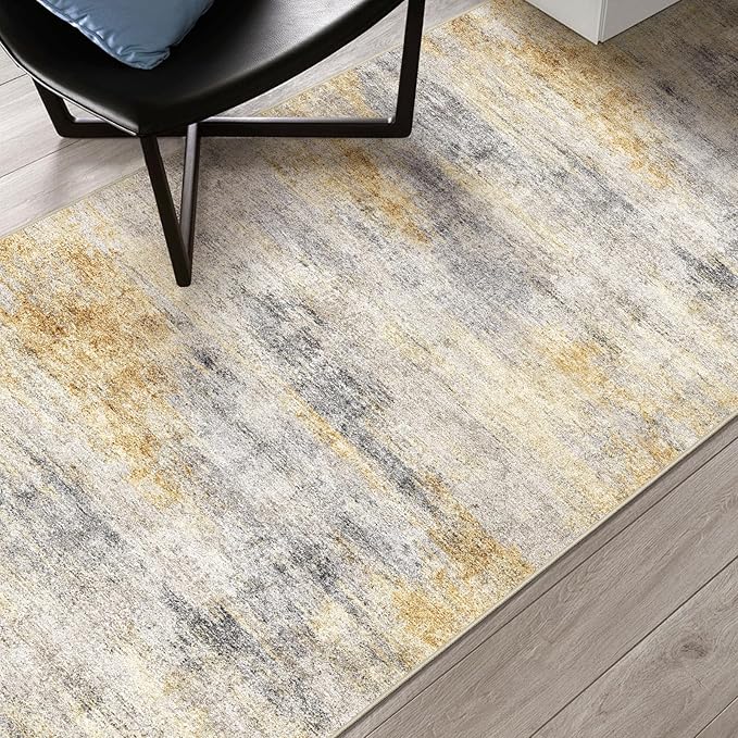 2x3 Washable Entryway Area Rug: Modern Abstract Small Runner Rug for Hallway Soft Non Slip Door Mat with Rubber Backing Low Pile Thin Floor Carpet for Kitchen Bathroom Bedroom Indoor(Grey/Yellow,2x3)