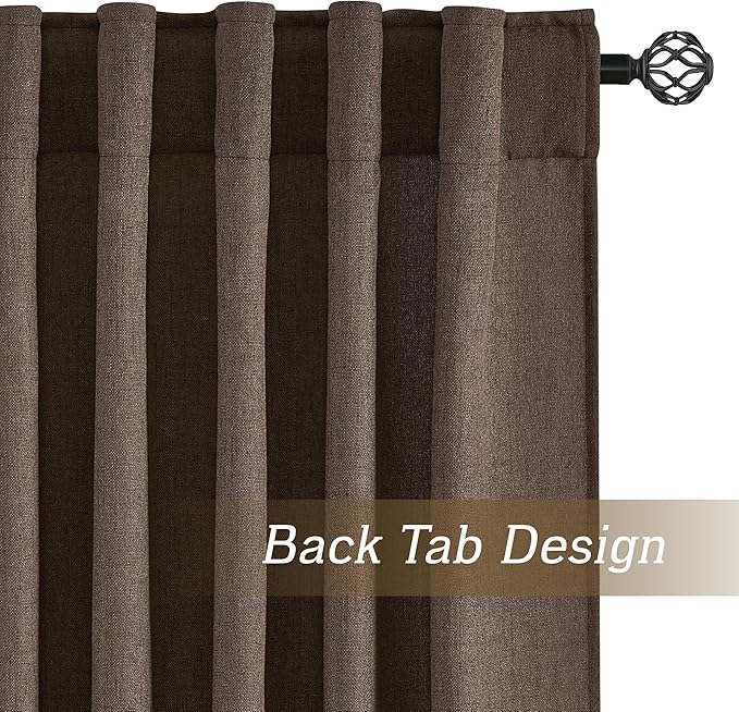 RYB HOME Natural Linen Sheer Curtains 96 inches Long for Living Room and Dining Room, Back Tab/Rod Pocket, Light Filtering Sheer Curtains and Drapes, Brown, W 52 x L 96 inches, 2 Panels Set
