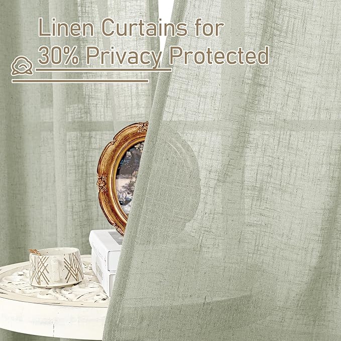 LAMIT Linen Curtains 63 inch Length 2 Panels for Living Room, Light Filtering Panels Bronze Grommet Neutral Textured Drapes for Bedroom/Office, Sage Grey, 34 x 63 Inch