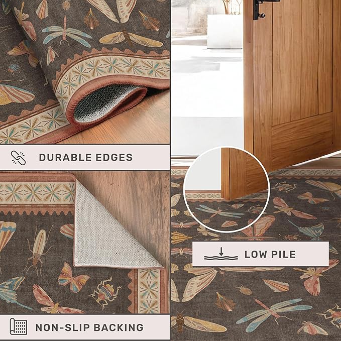 Brown 2x6 Indoor Rugs for Entryway - Washable Non Slip Runner for Kitchen Floor, Vintage Carpet Runners for Hallway 6ft, Insect Boho Design, Butterfly Moth Print Home Décor