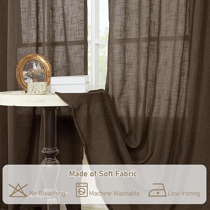 LAMIT Dark Brown Linen Curtains for Living Room 84 inch Length, Light Filtering Semi Sheer Panels Bronze Grommet Rustic Farmhouse Drapes for Bedroom/Sliding Glass Door, 2 Panels, 52 x 84 Inch