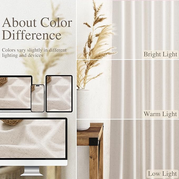Nanspring Beige Semi Sheer Linen Curtains 72 inch Length for Living Room Back Tab Rod Pocket Modern Farmhouse Coastal Decor Beige Cotton Textured Gauze Curtains for Dining Room Office 38x72