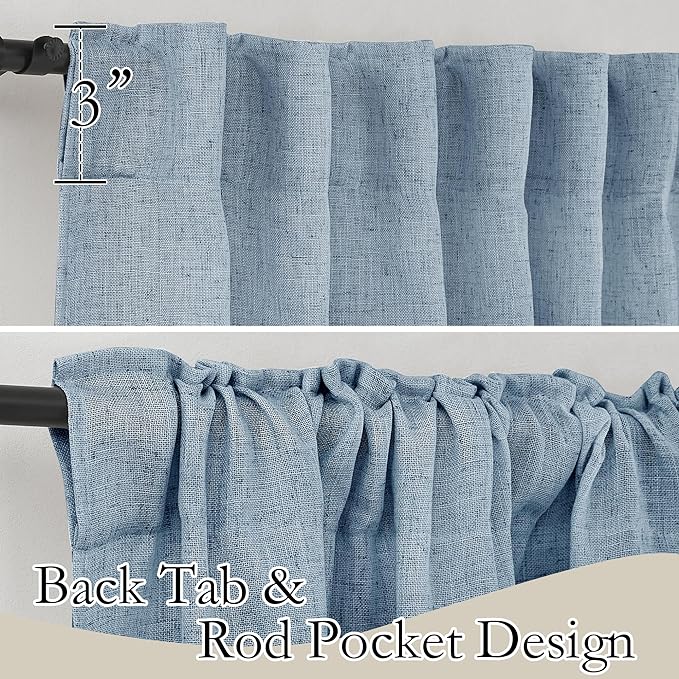 RYB HOME Privacy Sheer Curtains for Bedroom, Linen Blend Lightweight Breathable Burlap Curtains Back Tab Farmhouse Boho Rustic Decoration, Length 36 by Width 52 inch, Dusty Blue, 1 Pair