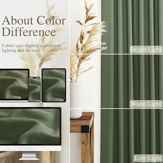 Olive Green Large Window Curtains Light Filtering Semi Sheer Privacy Linen Textured Curtain for Patio Sliding Glass Door Extra Wide Rustic Farmhouse Drapes for Living Room Bedroom Sunroom 100x90 Inch