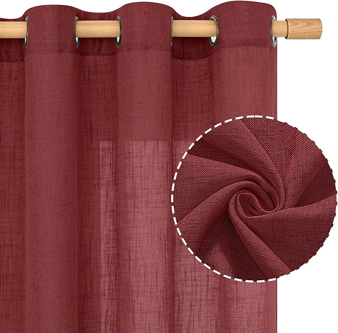 LAMIT Burgundy Red Linen Curtains 72 Inch for Living Room, Bronze Grommet Linen Textured Christmas Curtains Light Filtering Drapes for Bedroom/Dining Room, Set of 2, 52 x 72 Inch