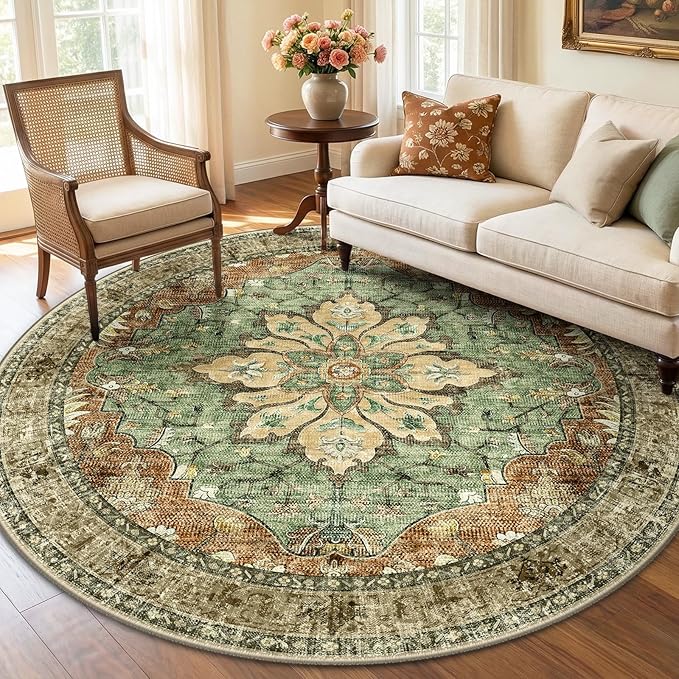 RELEANY Area Rugs 6ft Washable Non-Slip, Floral Vintage Distress Print Pattern Medallion Carpet for Living Room Bedroom Dining Room, Brick Red Rust Neutral Brown Burnt Orange