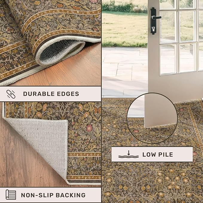 3x10 Long Runner Rugs for Hallway Non Slip, Geometric Floral Design Washable 10ft Oriental Rug for Entryway, Kitchen, Vintage Indoor Décor, Brown Low Pile Stain Resistant Carpet