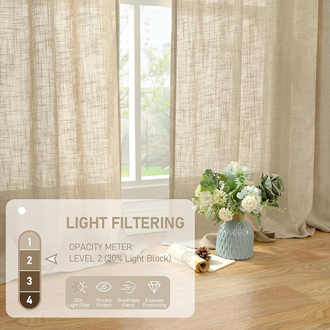 LAMIT Brown Linen Curtains 45 Inches Long 2 Panels, Light Filtering Panels Back Tab and Rod Pocket Neutral Drapes for Kitchen/Window/Bedroom, 52 x 45 Inch