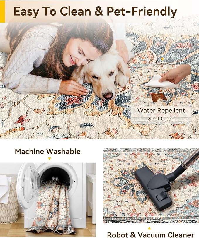Area Rugs 3'x9' Runner Rug Non Slip Washable for Kitchen Hallway Bedroom Beside Laundry Room Bathroom Rug, Floor Carpet, Beige Navy Blue Orange Colorful