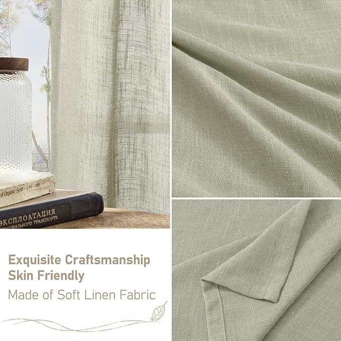 LAMIT Short Linen Curtains 54 Inch Length for Bedroom, Semi Sheer Light Filtering Drapes Bronze Grommet Linen Textured Panels for Kitchen/Bathroom/Living Room, 2 Panels, Sage Grey, 34 X 54 Inch