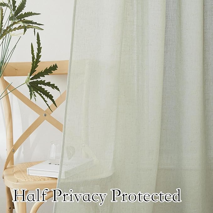 RYB HOME Semi Sheer Curtains - Linen Texture Farmhouse Sun Protection Semi Transparent Lightweight for Closet Laundry Room Bathroom, W 52 x L 45 inches, Sage Green, 2 Panels