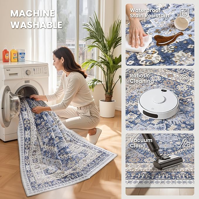 zesthome 8x10 Area Rugs for Living Room,Non-Slip Backing Washable Rugs,Vintage Large Area Rug,Stain Resistant Home Decor Rug (Blue/Beige,8'x10')