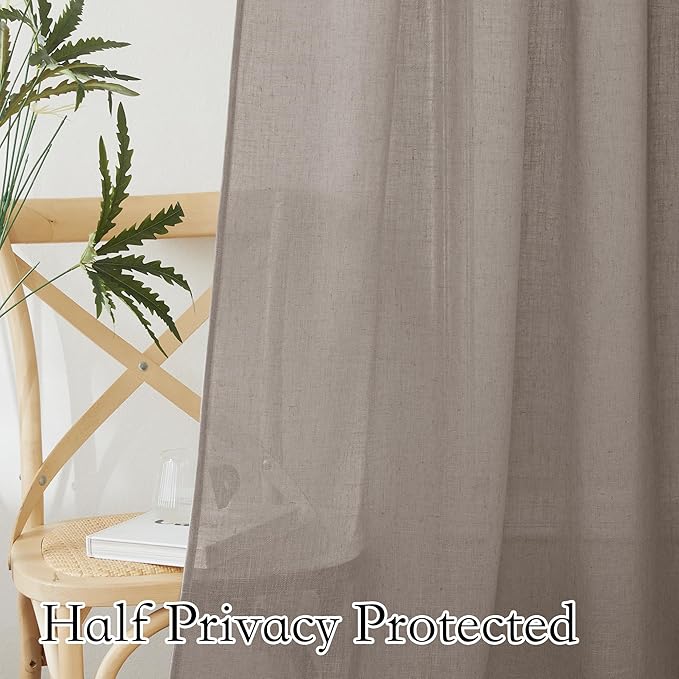 RYB HOME Extra Long Sheer Curtains - Linen Textured Privacy Semi Shears for Sliding Glass Door Hotel High Ceiling Window Living Room, Birch Brown, W 52 x L 108 inches Long, 1 Pair