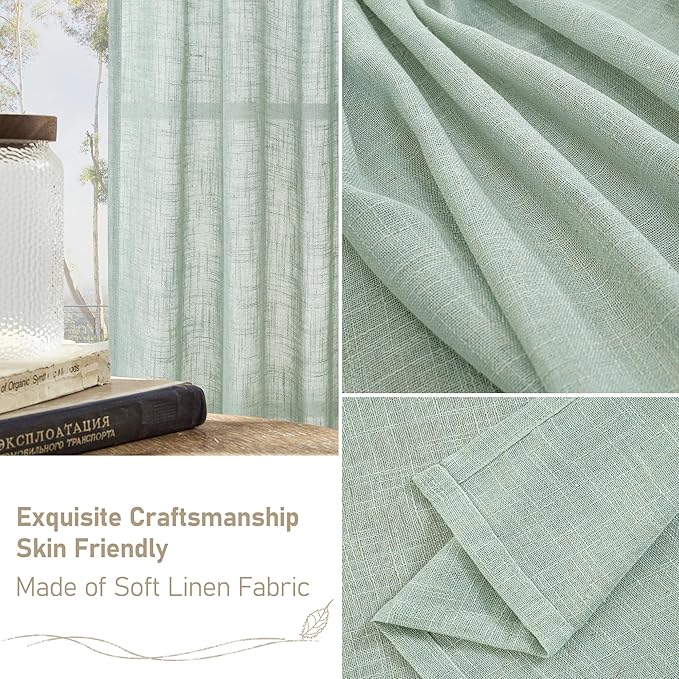 LAMIT Living Room Linen Curtains 95 Inch for Bedroom, Bronze Grommet Linen Textured Sheer Curtains Light Filtering Burlap Drapes for Farmhouse, 2 Panels, 52 x 95 Inch, Light Sage