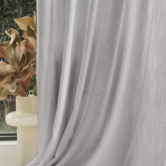 MYSKY HOME Short Curtains for Small Window, Boho Sheer Curtains 2 Panels Set Window Treatment Drapes Linen Style Texture for Closet/Kitchen, 50"x63", Light Grey, 2 PCs