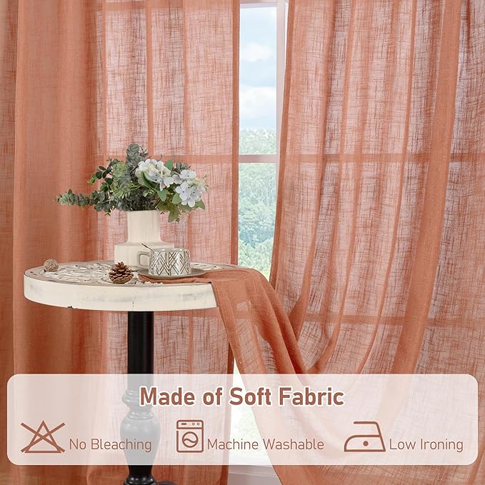 LAMIT 48 Inch Short Window Linen Curtains, Light Filtering Panels Back Tab and Rod Pocket Neutral Drapes for Cafe/Bathroom/Loft Room, Terracotta, 2 Panels, 34 x 48 Inch