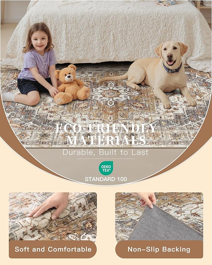 Madane Runner Rug 2'6''x8' Kitchen Runner, Hallway Runner Printed Vintage Washable Rugs Soft Non-Slip Low Pile 2.5x8 ft Runners for Hallways Laundry Room Rug Distressed Rug, Turmeric/Grey
