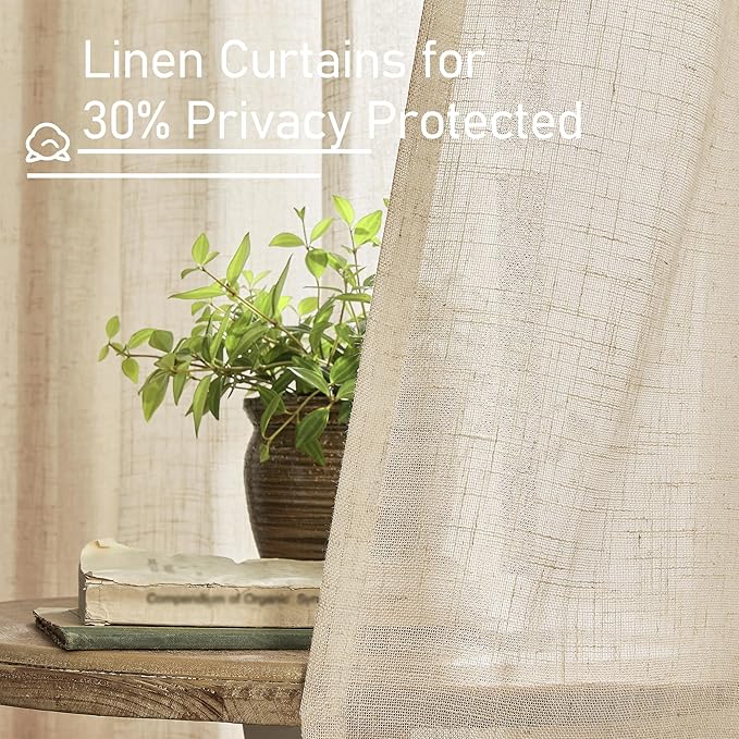 LAMIT Extra Wide Linen Curtains for Bedroom, Light Filtering Faux Linen Textured Panels Semi Sheer Back Tab and Rod Pocket Boho Drapes for Living Room, 2 Panels, Linen, 70 x 84 Inch