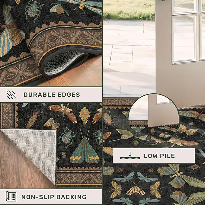 Insect Print Washable 4x6 Entryway Rug - Non-Slip Low Pile Area Rug for Large Kitchen, Bedroom, Office - Ultra Soft Aesthetic Decor, Black & Brown