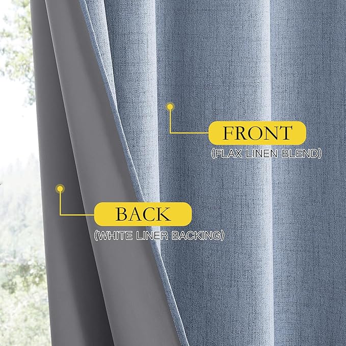 NICETOWN Stone Blue Vintage Linen 100% Blackout Curtains for Living Room, Thermal Insulated Curtains 95" Long, Noise Reducing Window Treatment Drapes for Bedroom, 52" Wide Per Panel, Set of 2
