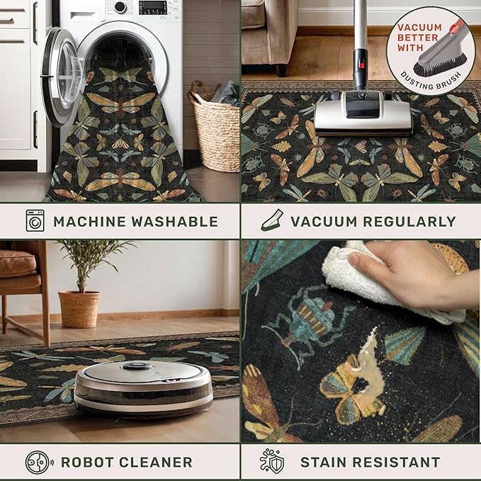 Washable 5x7 Black Rug for Living Room - Foyer Rugs for Entryway, Bedroom, Home Office, Gothic Witchy Insect Bug Floral Retro Indoor Décor