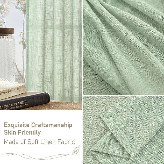 LAMIT Fresh Green Linen Sheer Curtains 45 inch for Kitchen, Soft Thick Light Filtering Boho Decor Neutral Drapes with Bronze Grommet for Basement/Window, 2 Panels, 34 x 45 Inch