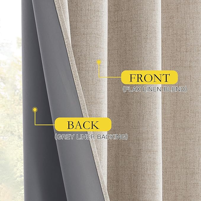 NICETOWN Farmhouse Style Keep Warm Large Window Draperies 108 inches Length with Thermal Insulated Liners, 2 Panels, 52" W, Full Blackout Oatmeal Linen Curtains for Sliding Glass Door