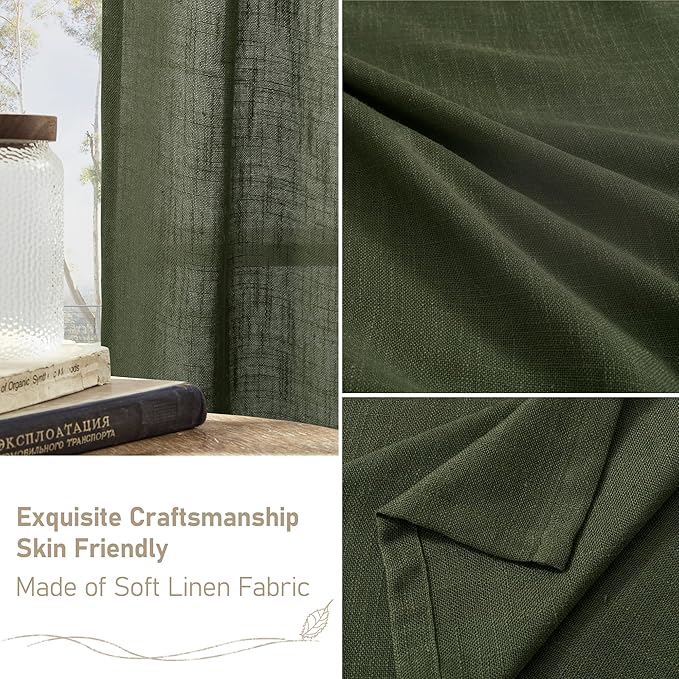 LAMIT Olive Green Linen Semi Sheer Curtains 63 Inch for Bedroom, Light Filtering Christmas Window Curtains Farmhouse Boho Back Tab and Rod Pocket Panels, 2 Panels, 38 x 63 Inch